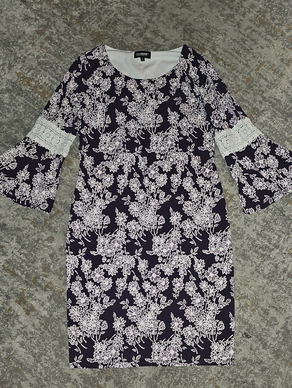 🟢 Glamorous Purple & White Floral Lace-Trim Bell Sleeve Midi Dress Large (12) - Picture 2 of 10